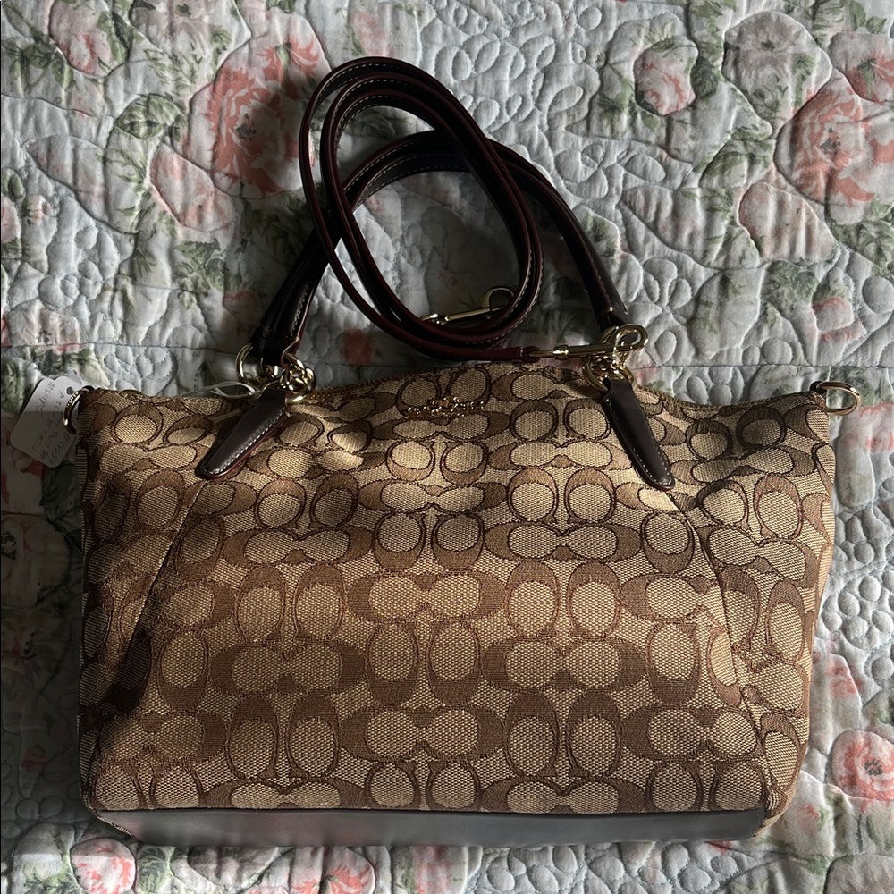 Coach Tan and Brown Signature Shoulder Bag “Kelsey-#F58283